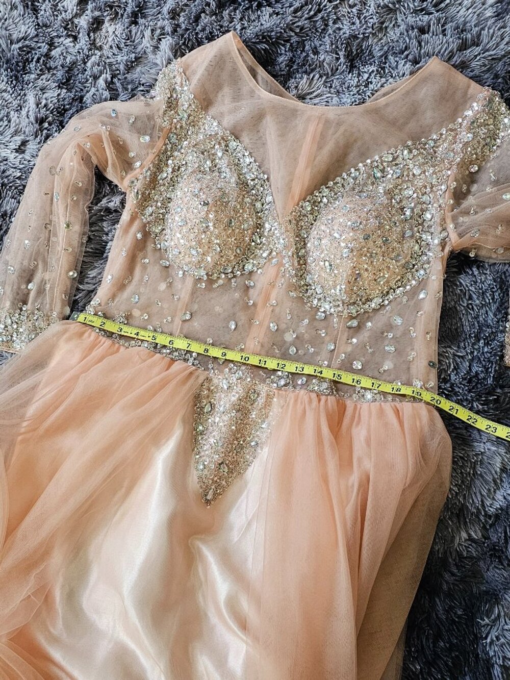 Rhinestone‑Embellished Peach Sheer‑Sleeve Gown - Picture 6 of 8